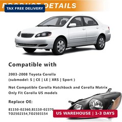 Headlights Assembly Compatible with 2003 2004 2005 2006 2007 2008 Toyota Corolla