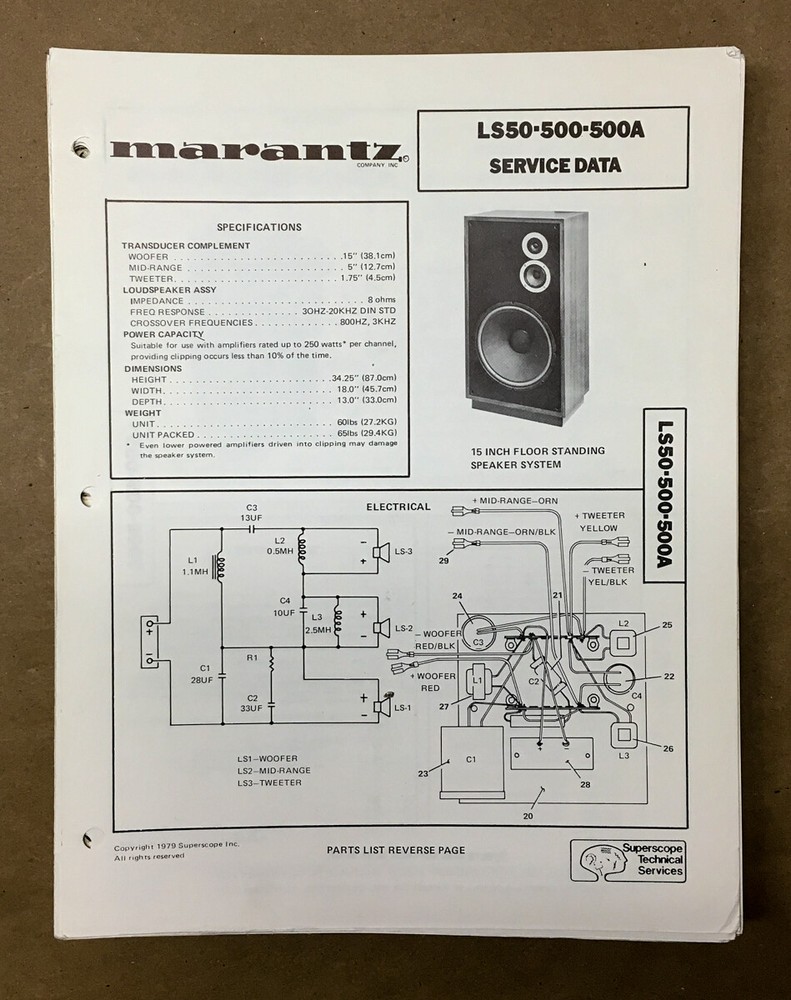 Marantz LS50 LS500 LS500B Speaker Service Manual *Original*