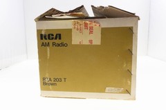 Vintage RCA RZA 203 T AM Radio NEW IN BOX Brown TESTED Burl Woodgrain Employee
