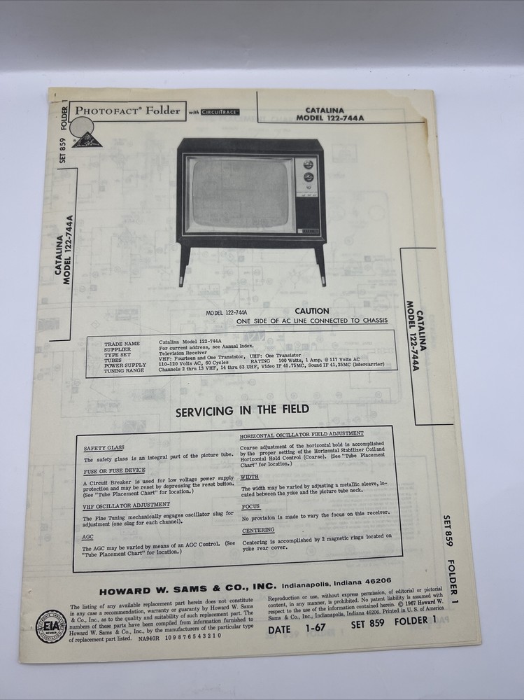 Vintage 1967 SAMS PHOTOFACT Manual Schematic Catalina 122-744A TV Television
