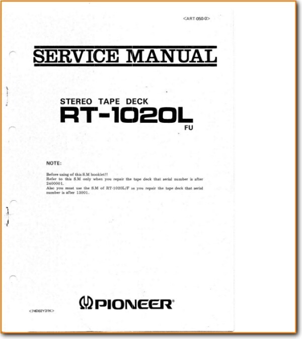Pioneer RT-1020L Reel to Reel Service Manual 64 pages Comb Bound