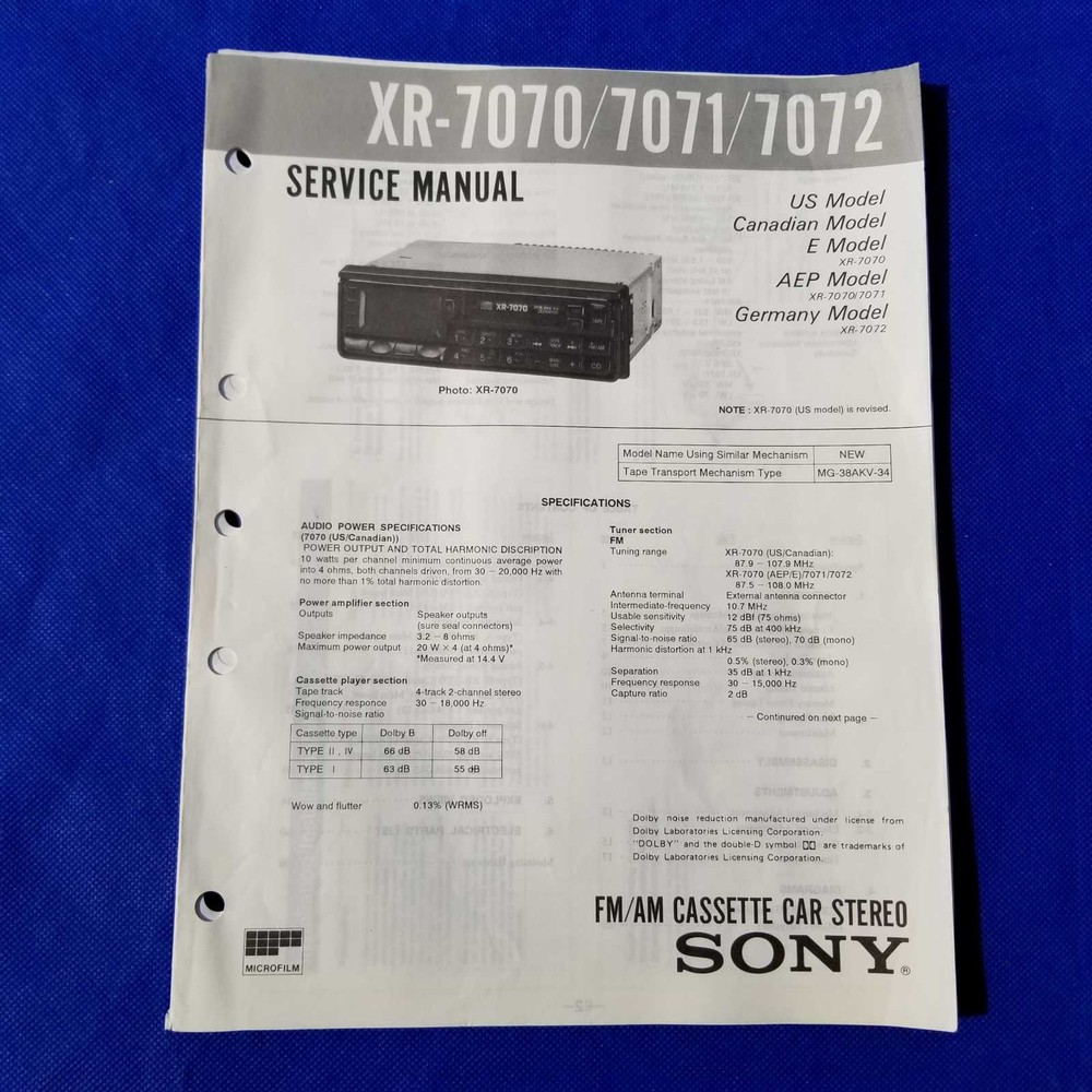 SONY XR-7070 XR-7071 XR-7072 Service Manual Original Paper OEM Repair Guide – US