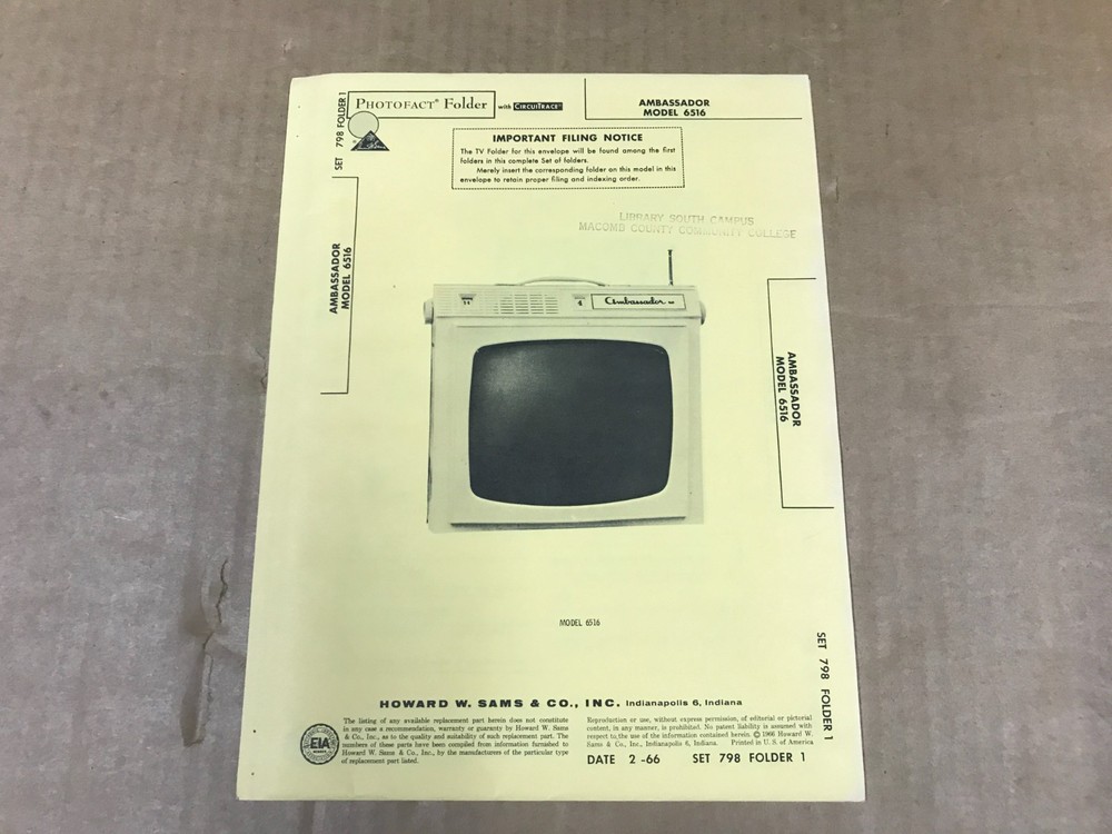 Vintage Photofact Folder 798-1 – Ambassador TV Model #6516