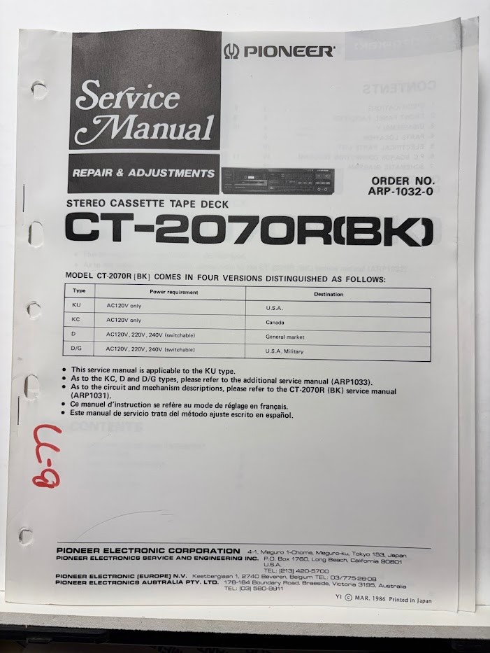 Original Pioneer Service Manua CT-2070R Cassette Tape Deck