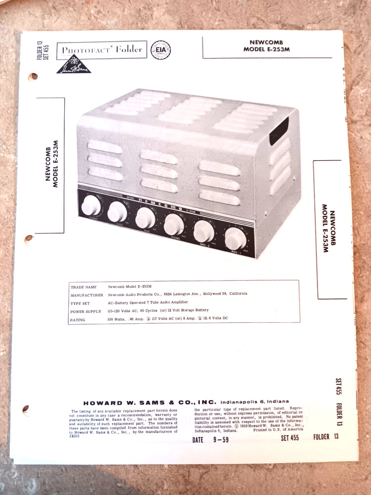 NEWCOMB E-254 Amplifier – Schematic & Data  – NEW SAMS PHOTOFACT 457-14