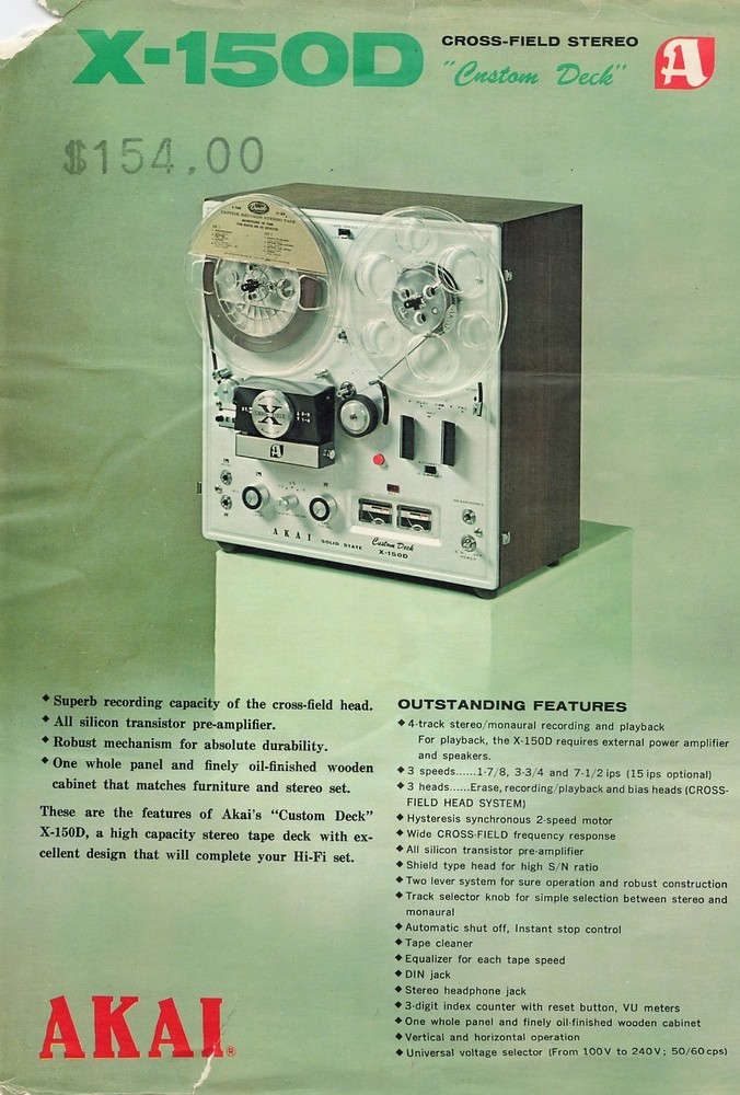 Akai X-150D Reel To Reel Tape Deck Dealer Spec Sheet Brochure Original Vintage