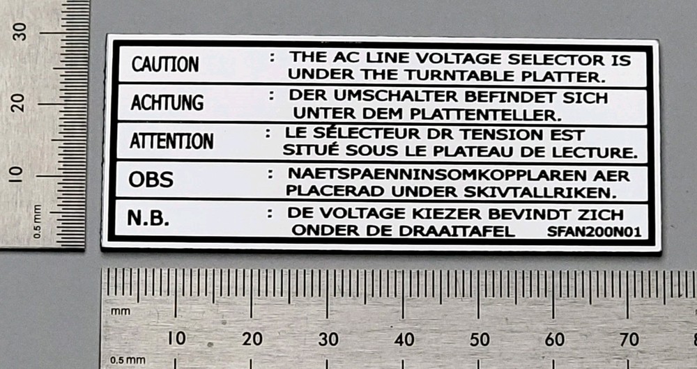 National Technics SL-2000 Turntable Caution Badge Incised Silver With Adhesive