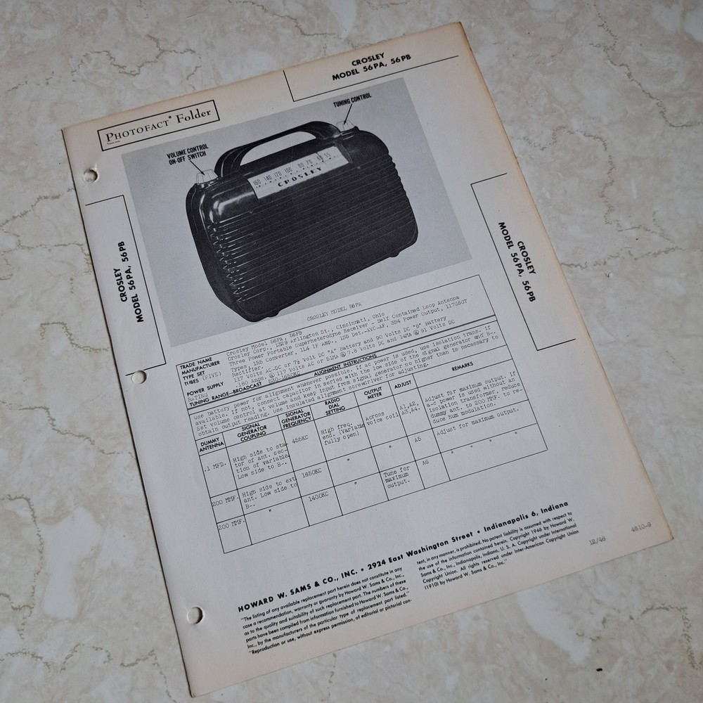 CROSLEY Photofact Folder 56PA 56PB Radio 1946 Illustrated Service Manual