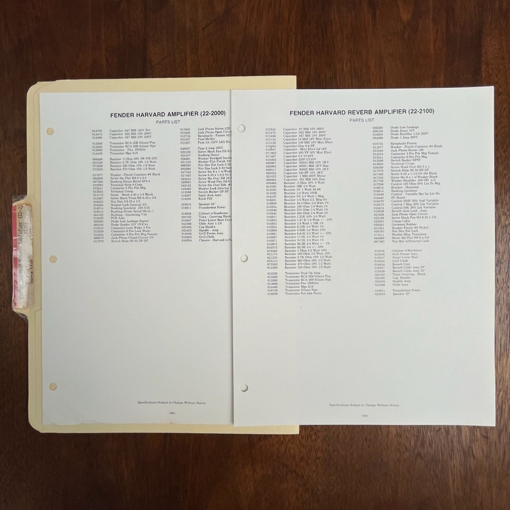HARVARD AMPLIFIER 22-2100 ORIGINAL FENDER SCHEMATICS AND PARTS LISTS VINTAGE