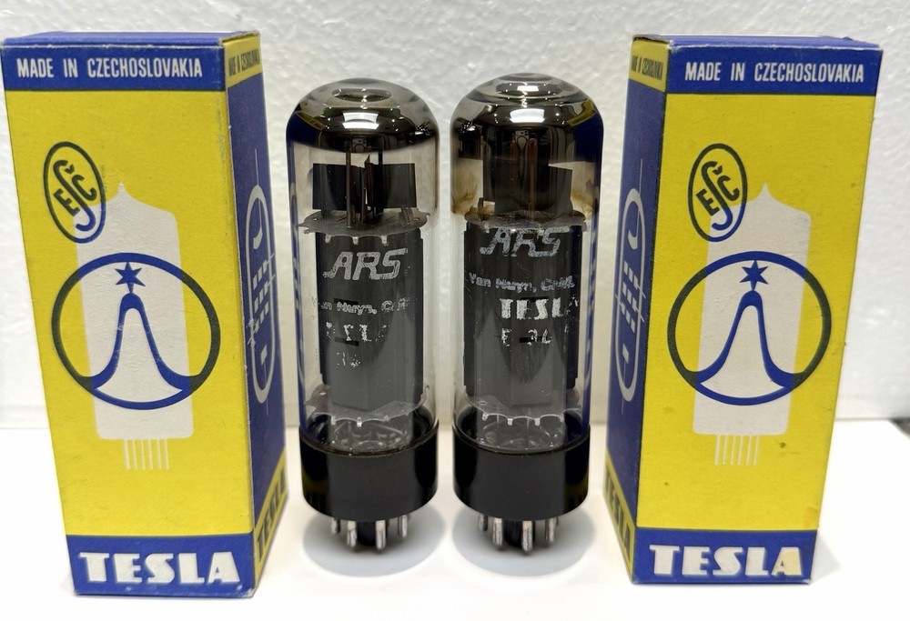 Pair TESLA Labeled ARS EL34 6CA7 Tubes Overlapping “O” Getters Matched For GM
