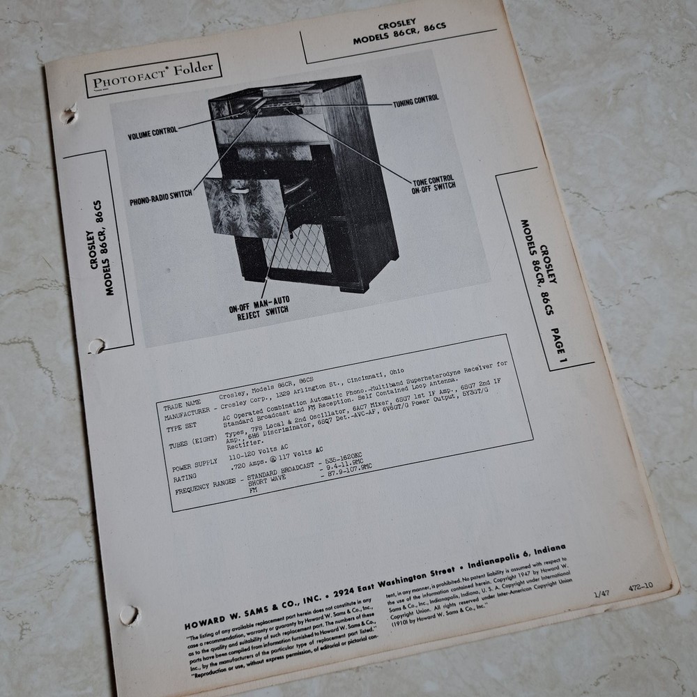 Crosley Manual 86CR 86CS 1947 Photofact Folder Illustrated Service Repair