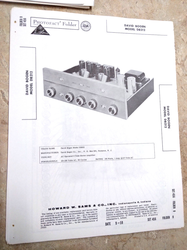 Original New SAMS Photofact 456/9 – BOGEN DB212 – 6V6 Stereo AMPLIFIER w PreAmp