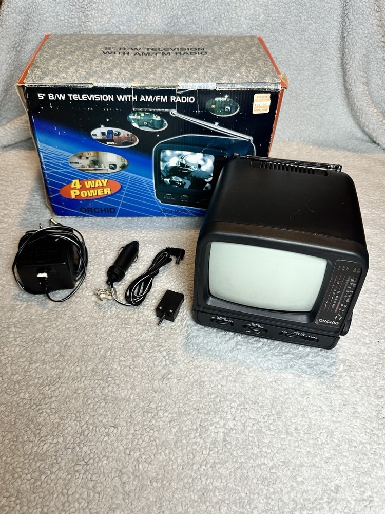 Orchid 5” B/W Television TV W/ AM/FM Radio Portable 4 Way Power SB13-9U/V