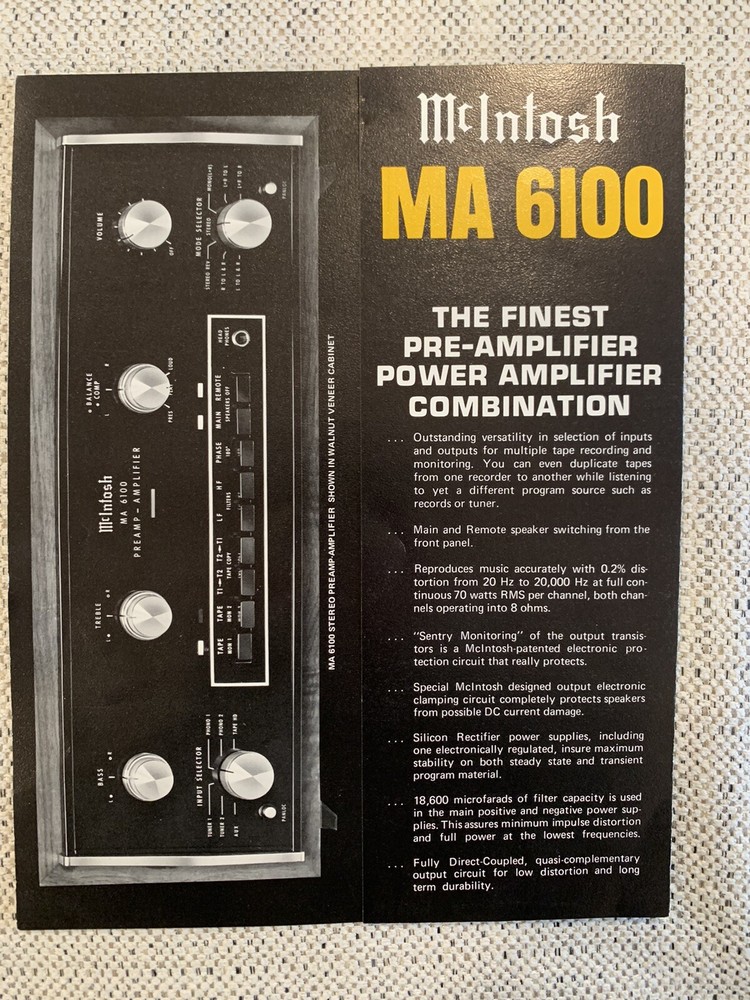 McIntosh MA-6100 Pre-Amplifier Foldout Dealer Brochure *ORIGINAL*