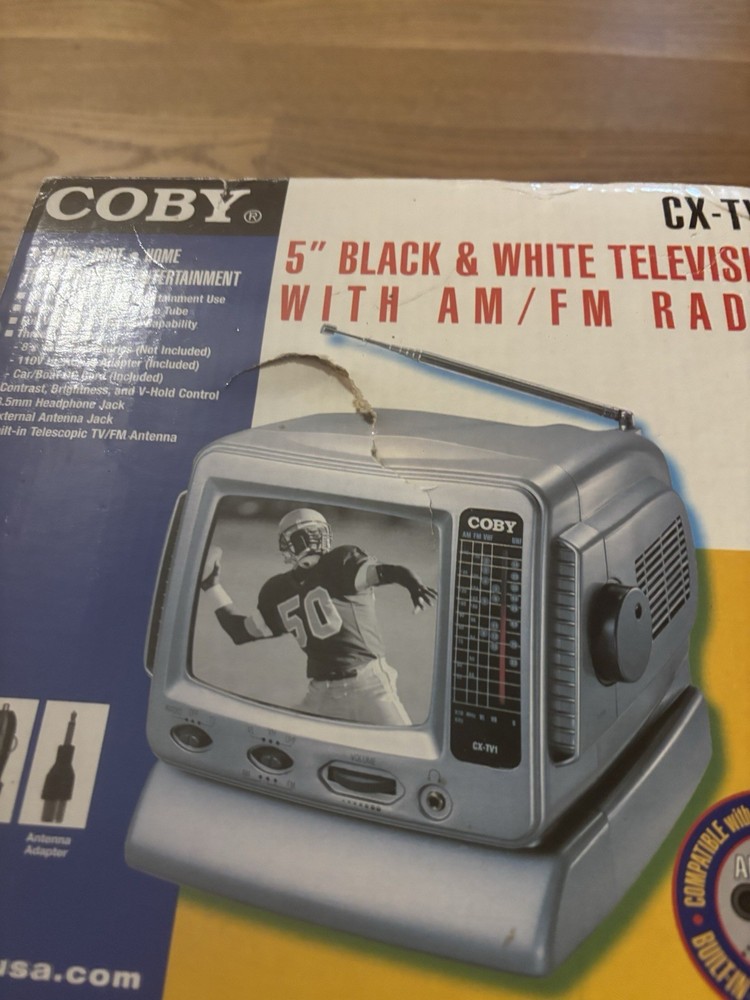 COBY CX-TV1 Portable 5″ Black & White Television w/ AM/FM Radio New Open Box