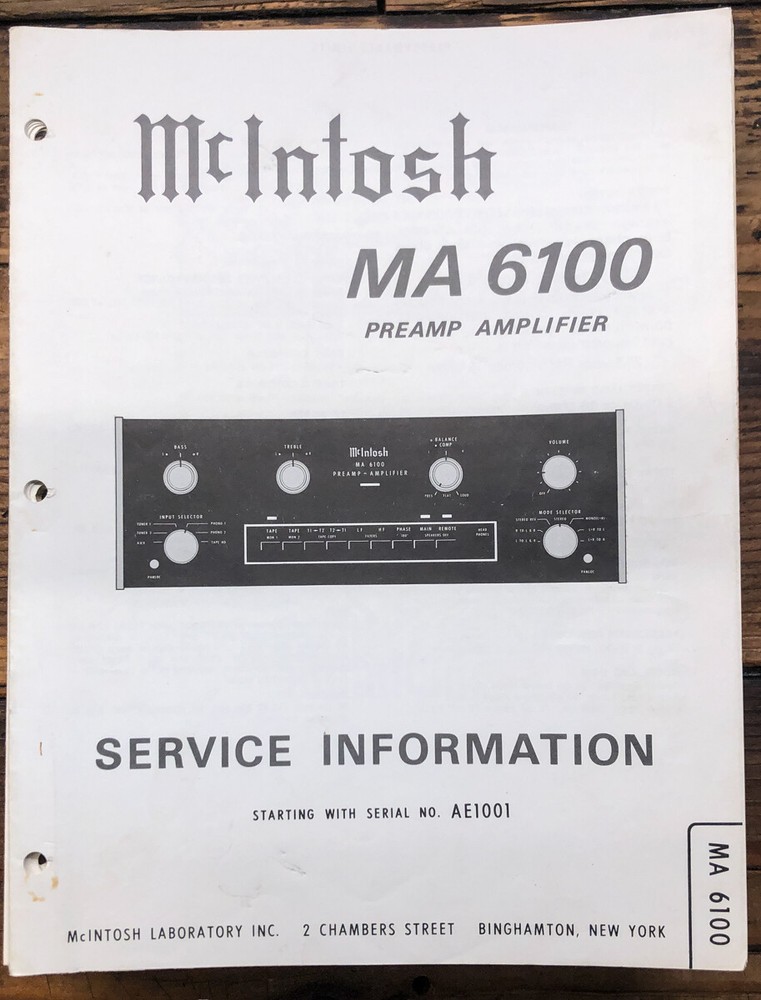 McIntosh MA-6100 MA6100 Amplifier Service Manual *Original*