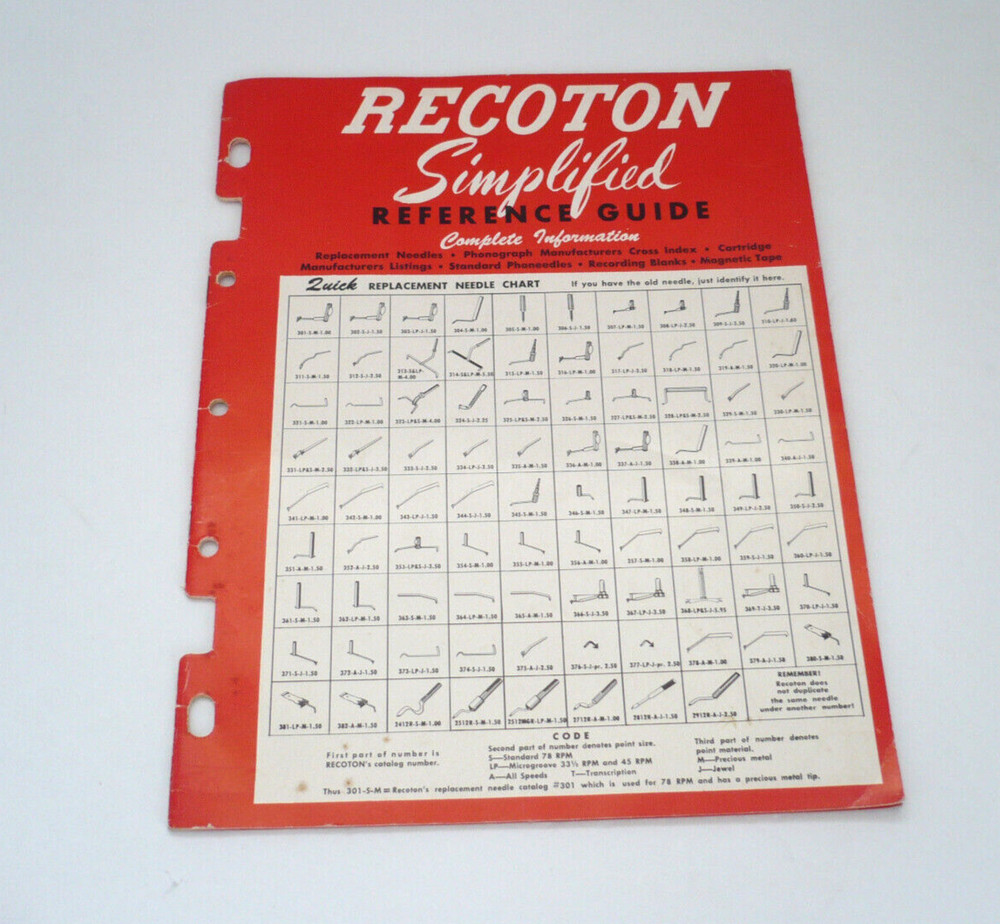 1952 Recoton Replacement Needle Simplified Reference Guide