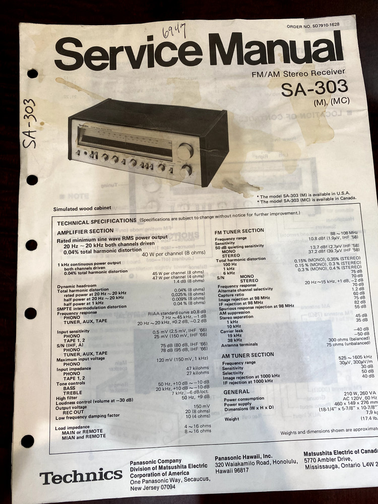 TECHNICS SA-303 SA303 Service Manual FROM THE USA **ORIGINAL**