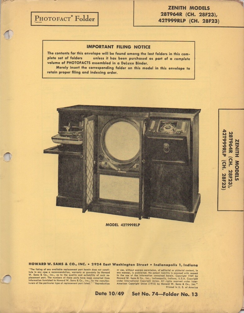 1949 ZENITH 28T964R TELEVISION TV SERVICE MANUAL photofact 42T999RLP 28F23 FIX