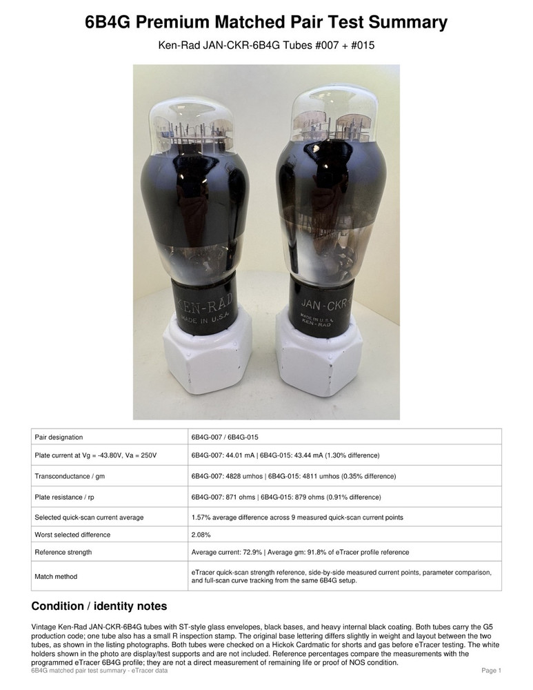 Matched Pair Ken-Rad JAN-CKR-6B4G Black Glass G5 Power Tubes eTracer Tested