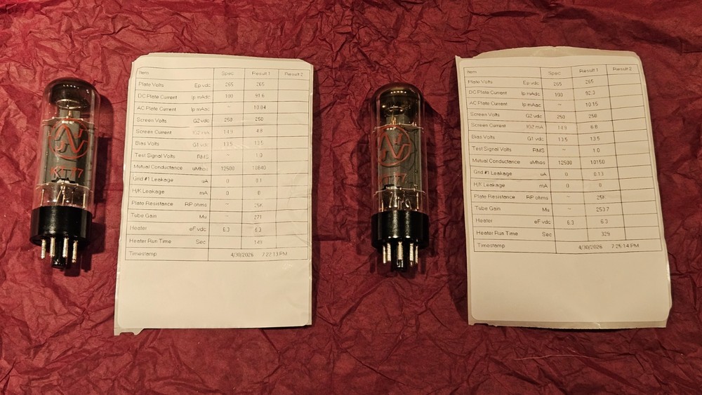 Matched Pair (2) KT77 JJ Electronics Audio Vacuum Tube Amplitrex AT-1000 Tested