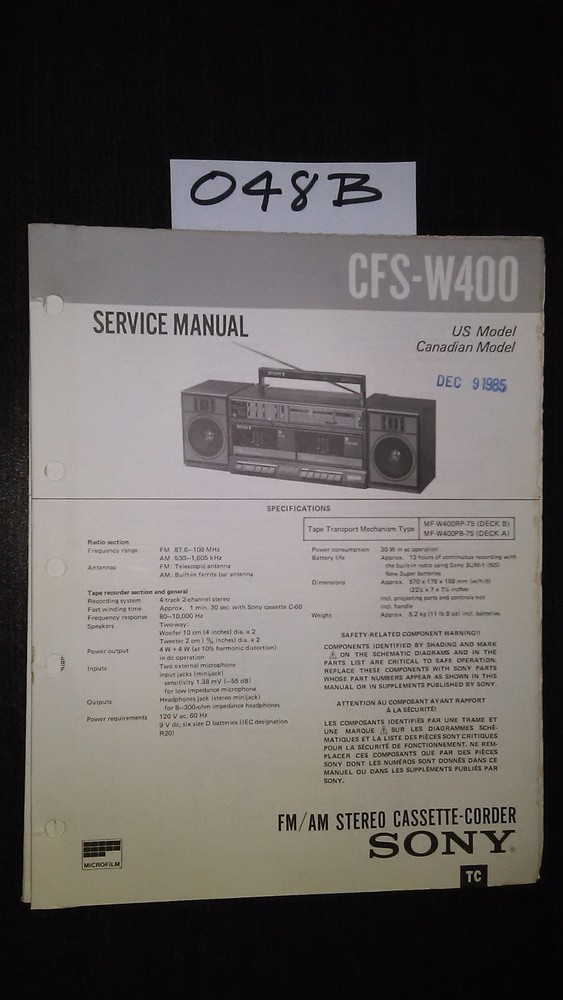 Sony CFS-W400 stereo boombox ghettoblaster Service Manual original repair book