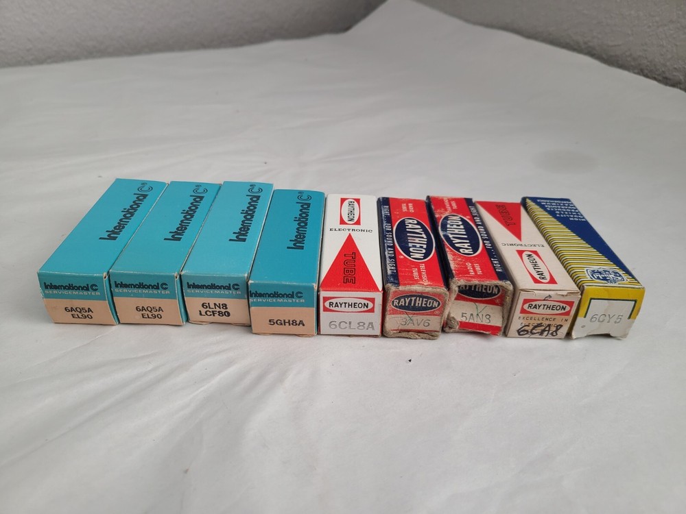Lot 9 International/Ray Electronic Tubes w BOXES 6AQ5, 6LN8, 6CL8A, 6CY5 Etc