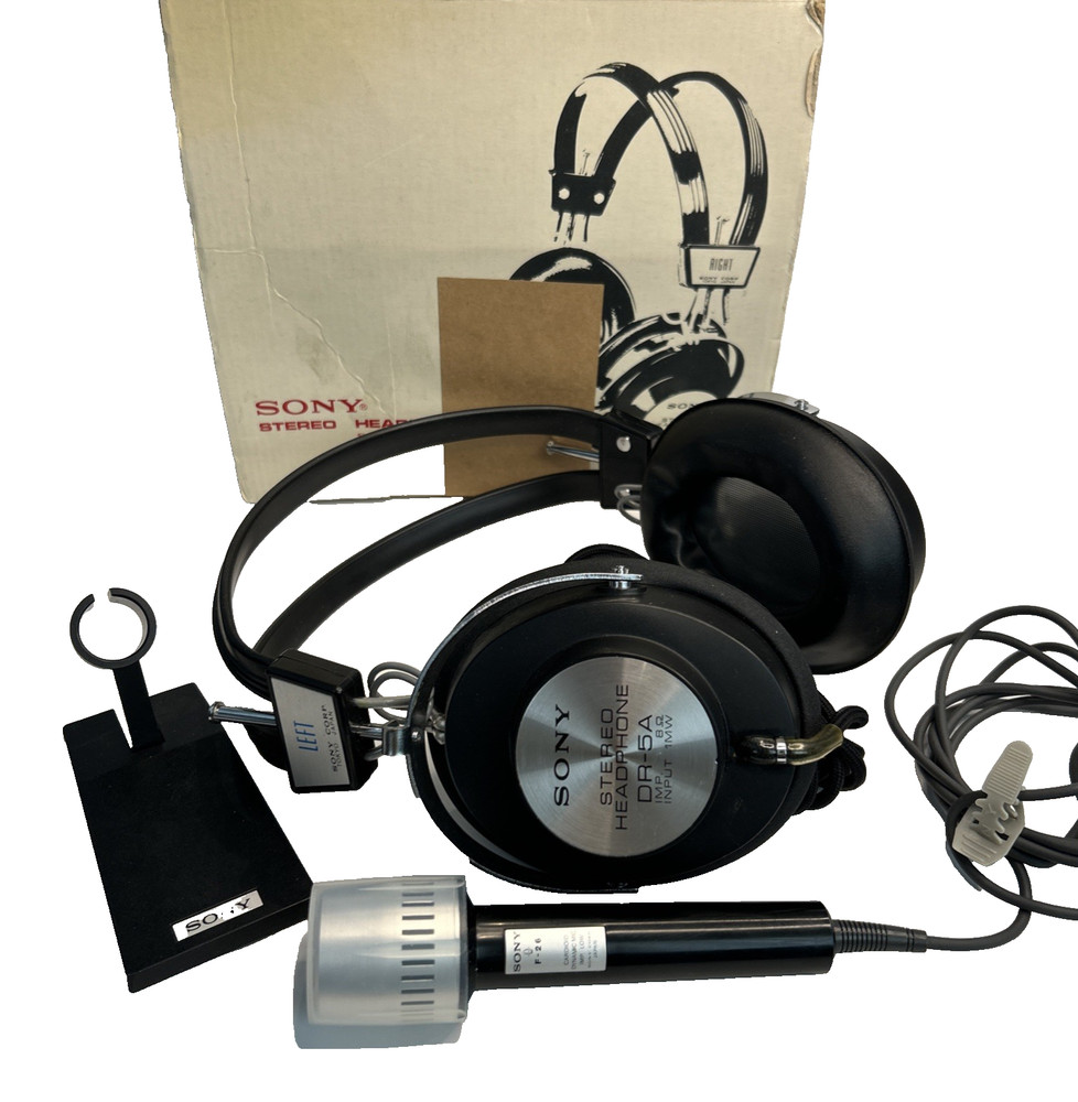 Vintage Sony DR-5A Adjustable Stereo Headphones, Sony F-26 Mic, Sony Mic Stand