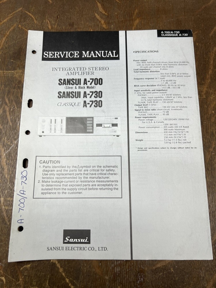 Sansui A-700 A-730 Amplifier Service Manual *Original*