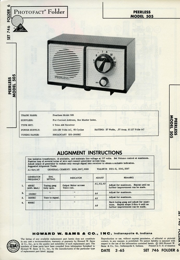 VTG Sam’s Photofact/Schematic Folder Peerless Model #505 SFF93