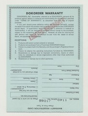 Dokorder Model 1140 Tape Deck Limited Warranty & Registration Card Sheet VTG
