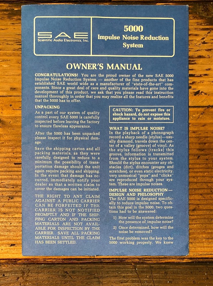 SAE Model 5000 Noise Reduction Owners / User Manual *Original* #2