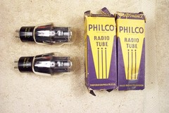 2, NEW, Philco-Sylvania 2A3, black plate, fishing pole supports, match date pair