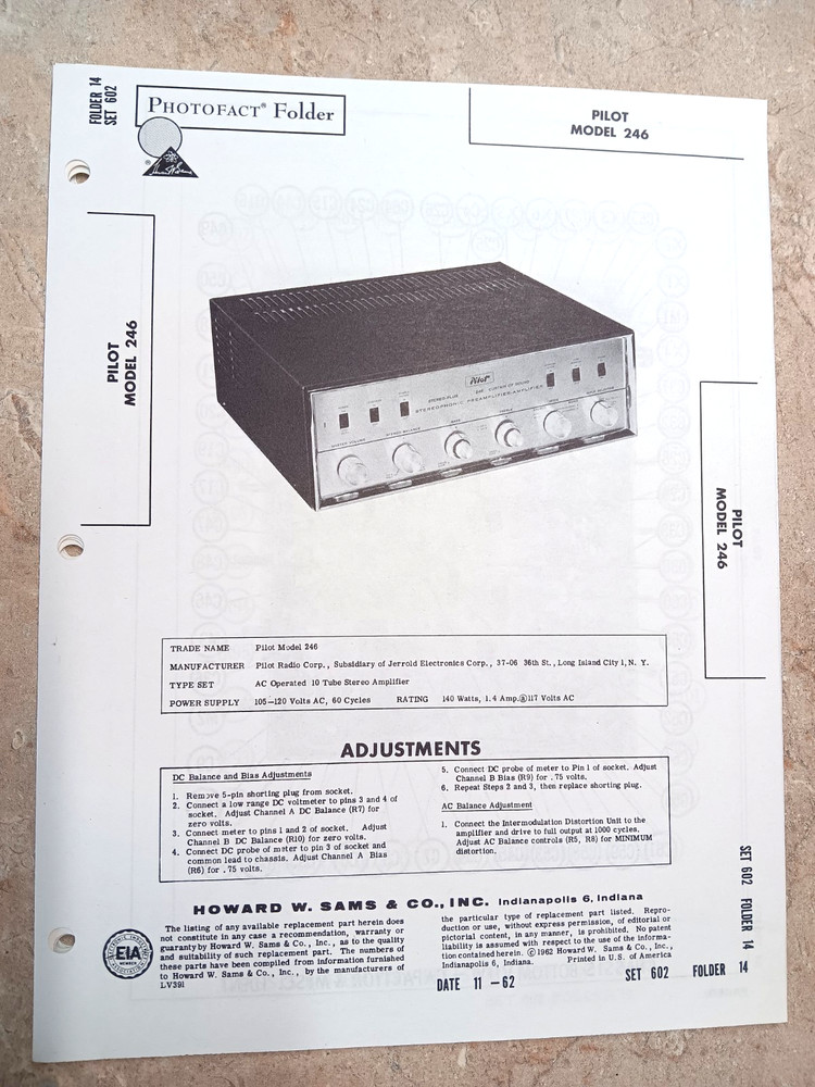 PILOT 246 – Tube Stereo Amplifier – NOS SAMS PHOTOFACT 602/14