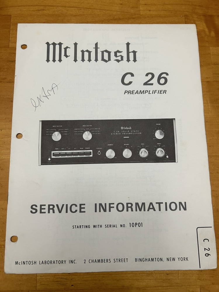 McIntosh C26 C-26 Preamplifier Preamp Service Information Original Manual