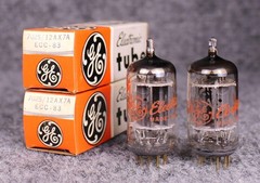 (2) MATCHED NOS GE 7025 Long Plate Tubes ~ Red Print ~12AX7 ECC83~ TEST STRONG!